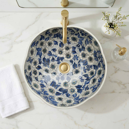 Blue Meadow Ceramic Vessel Sink, Handpainted Floral Bathroom Basin