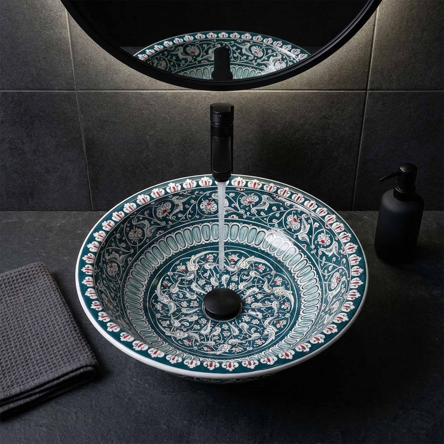 Verdant Arabesque Ceramic Vessel Sink, Handpainted Bathroom Basin