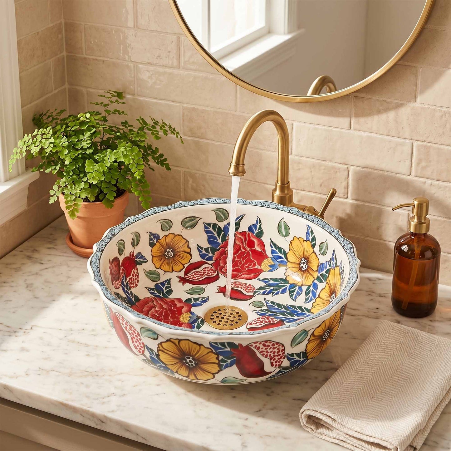 Decorative floral sink in a bathroom with a gold faucet and mirror.
