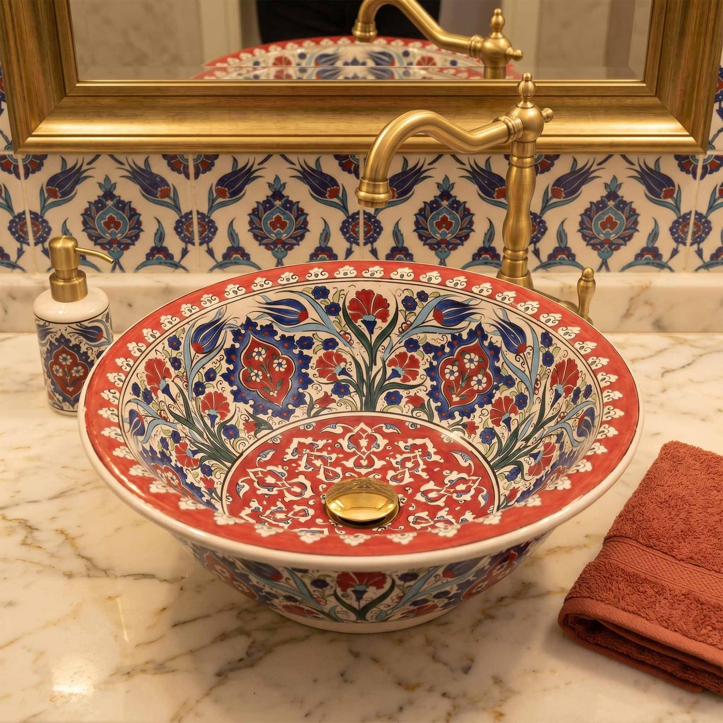 Ruby Garden Arabesque Ceramic Vessel Sink, Handpainted Bathroom Basin