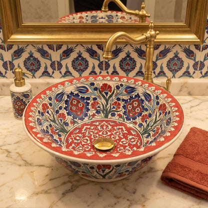 Ruby Garden Arabesque Ceramic Vessel Sink, Handpainted Bathroom Basin