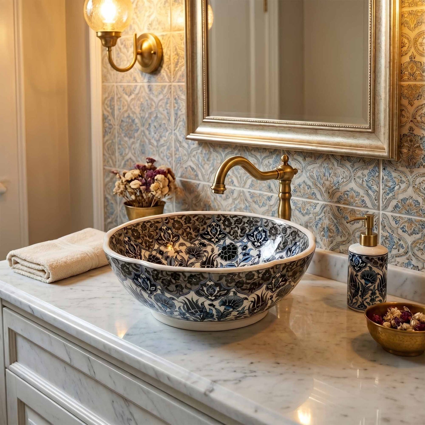Decorative floral-patterned ceramic sink in a bathroom with marble countertop and decorative tiles.