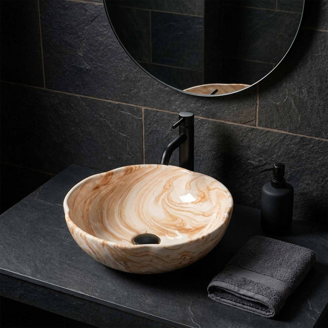 Golden Sand Marble Ceramic Vessel Sink, Handpainted Bathroom Basin