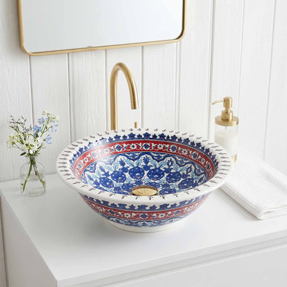 Sapphire Blossom Heritage Ceramic Vessel Sink, Handpainted Bathroom Basin