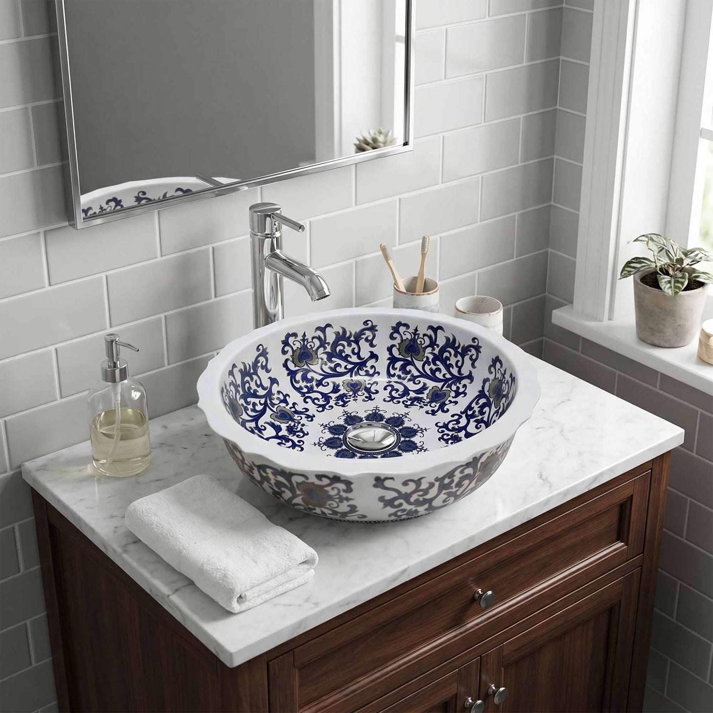 Royal Arabesque Ceramic Vessel Sink, Handpainted Bathroom Basin