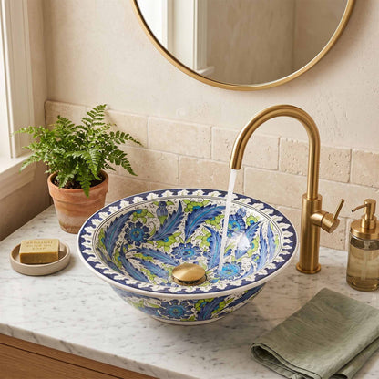 Sapphire Breeze Floral Ceramic Vessel Sink, Handpainted Bathroom Basin
