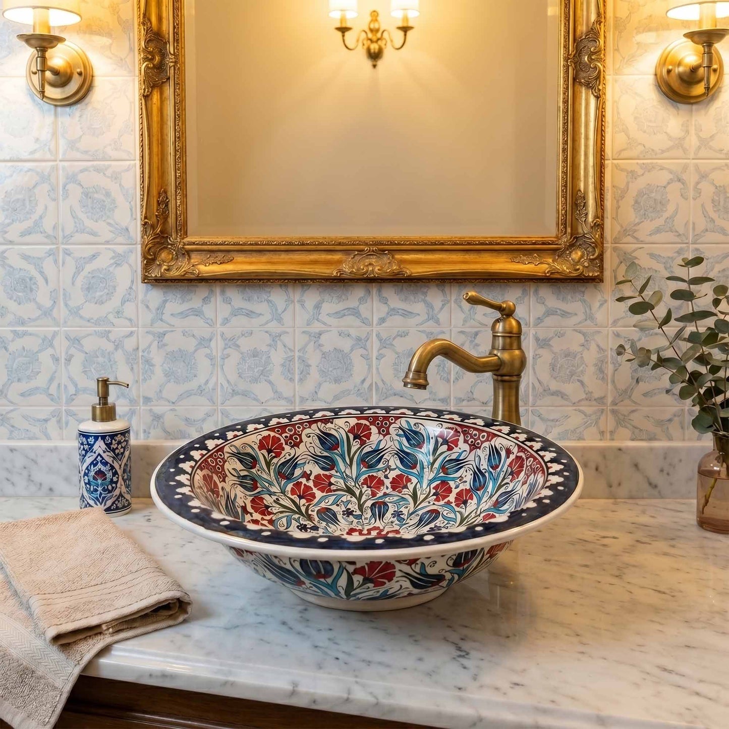 Tulip Garden Ceramic Vessel Sink, Handpainted Bathroom Basin