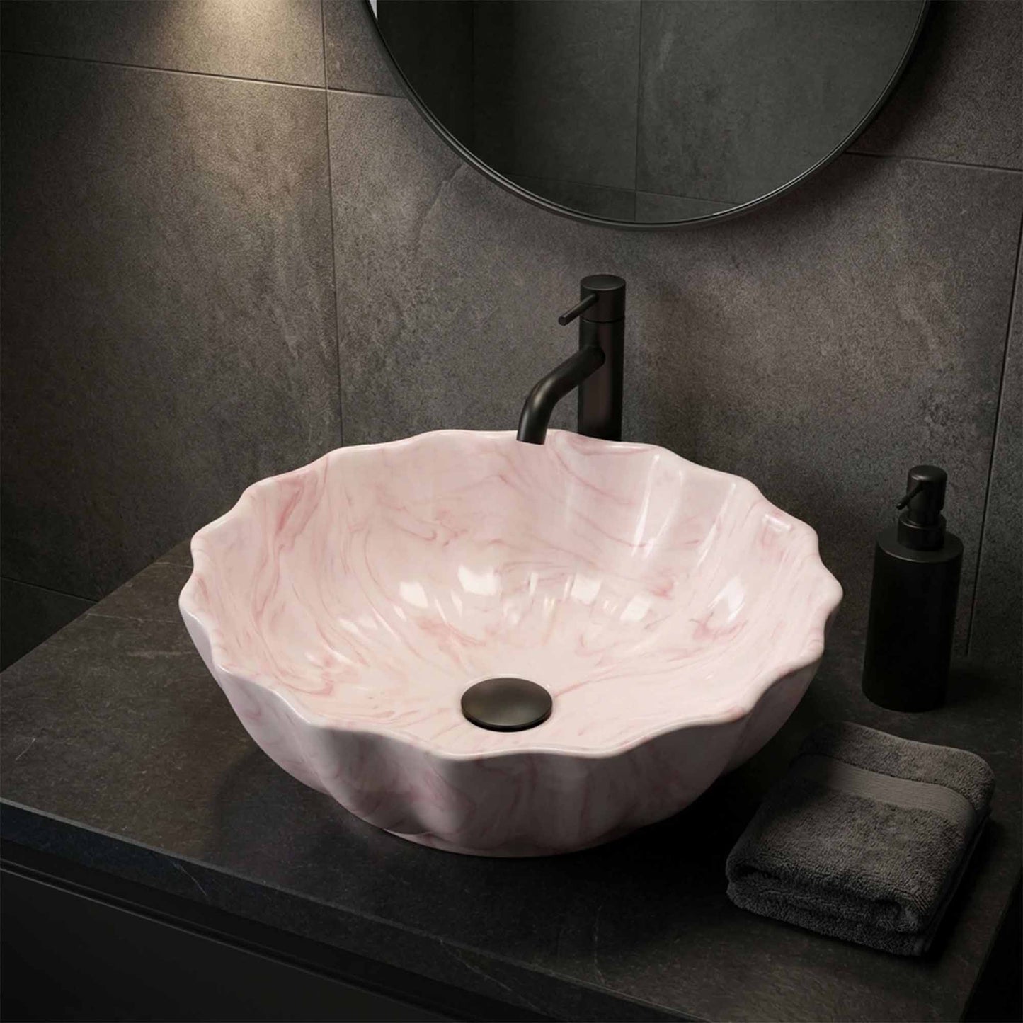 Blush Petal Marble Ceramic Vessel Sink, Handpainted Artistic Bathroom Basin