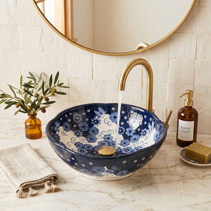 Moonlit Wildflower Ceramic Vessel Sink, Handpainted Bathroom Basin
