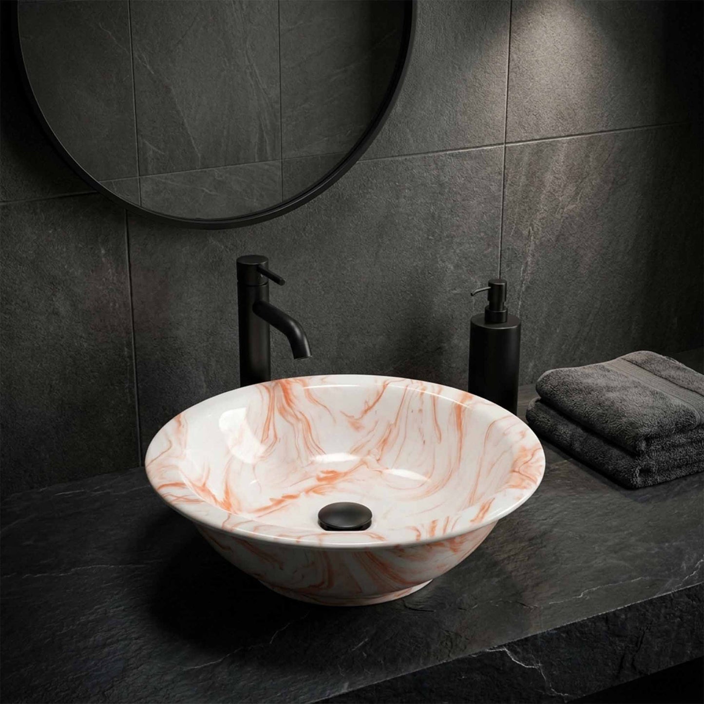 Blush Marble Swirl Ceramic Vessel Sink, Handpainted Bathroom Basin