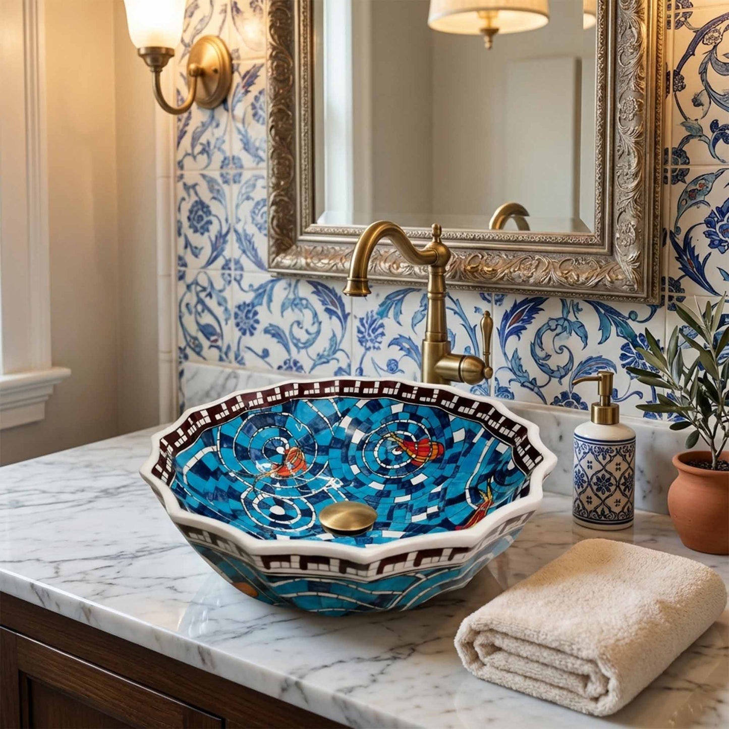 Bathroom ceramic sink with decorative mosaic design, gold faucet, and floral wallpaper.