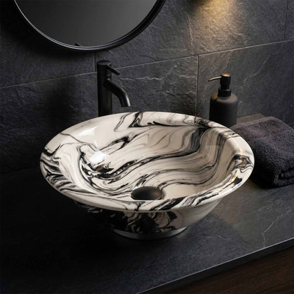 Black Marble Swirl Ceramic Vessel Sink, Handpainted Bathroom Basin