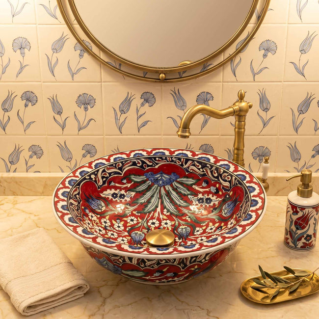 Crimson Tulip Garden Ceramic Vessel Sink, Handpainted Bathroom Basin