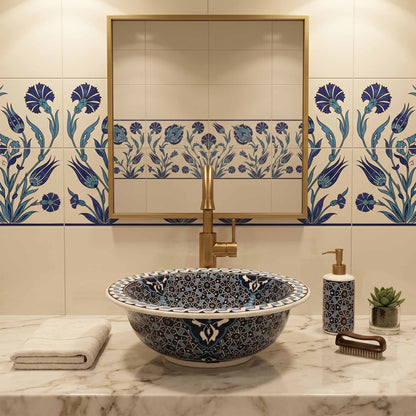 Midnight Mosaic Ceramic Vessel Sink, Handpainted Bathroom Basin