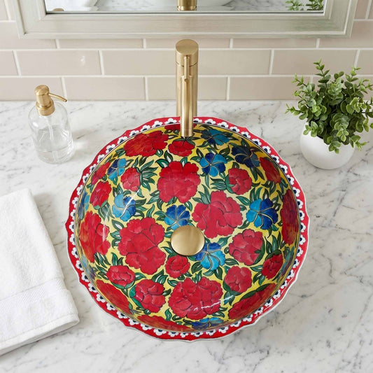 Crimson Bloom Ceramic Vessel Sink, Handpainted Floral Bathroom Basin