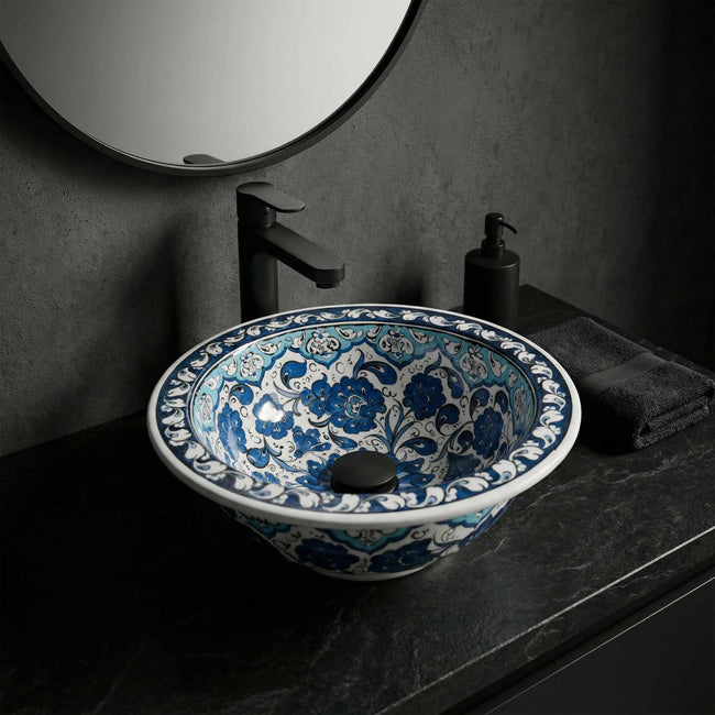 Azure Bloom Ceramic Vessel Sink, Handpainted Floral Bathroom Basin