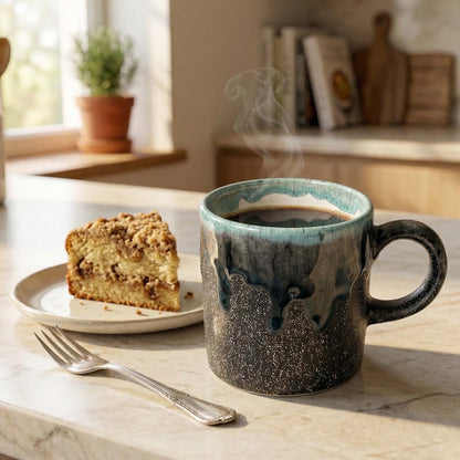 Steaming mug of coffee on a marble surface with a slice of cake and a fork.