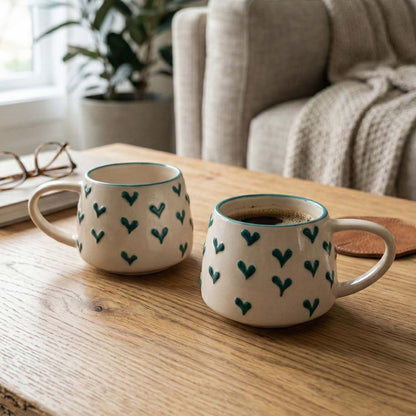 Two mugs with heart patterns on a wooden table in a cozy living room.