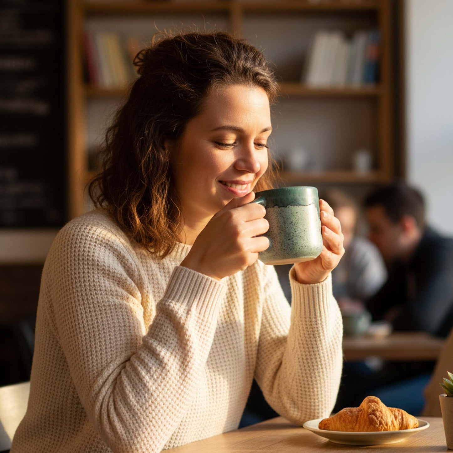 Woman enjoying a cup of coffee with a croissant at a cafe.