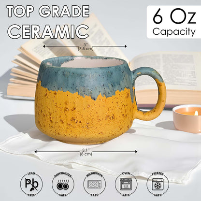 Ceramic mug with blue and yellow design, shown with measurements and safety icons on a light background.