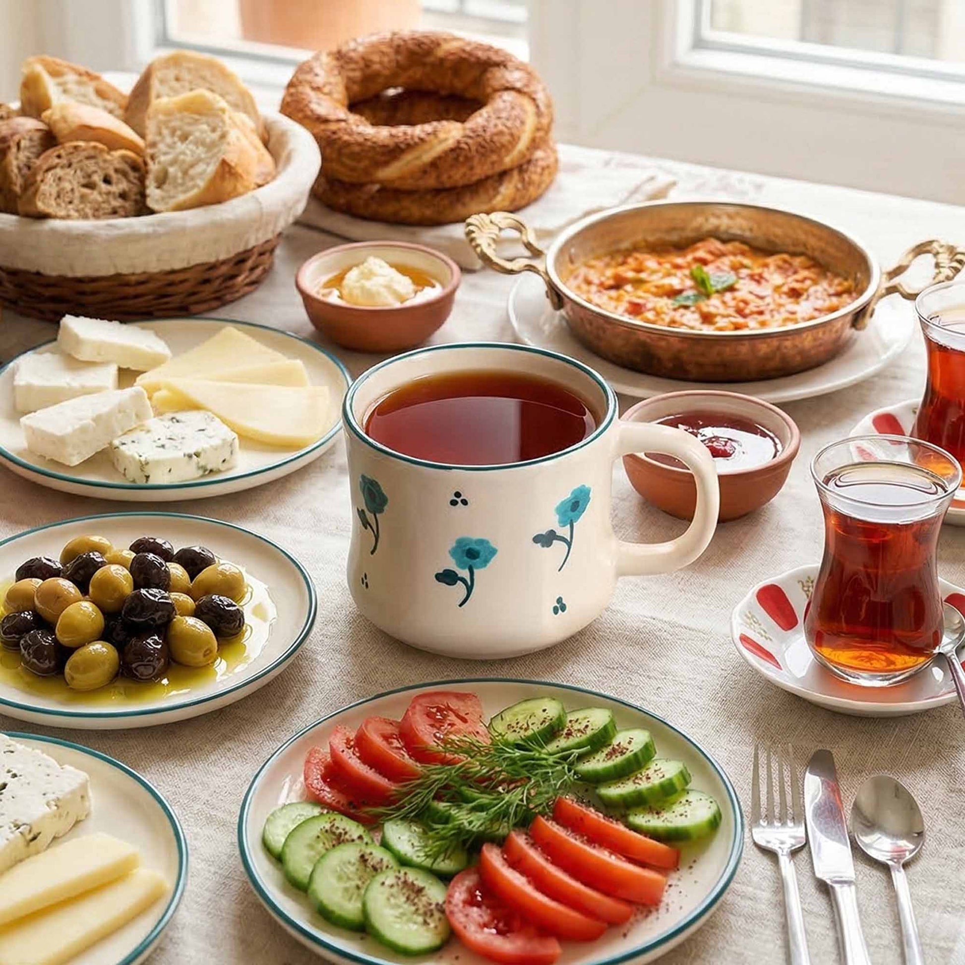 Table setting with bread, cheese, olives, and a plate of sliced vegetables with a cup of tea.