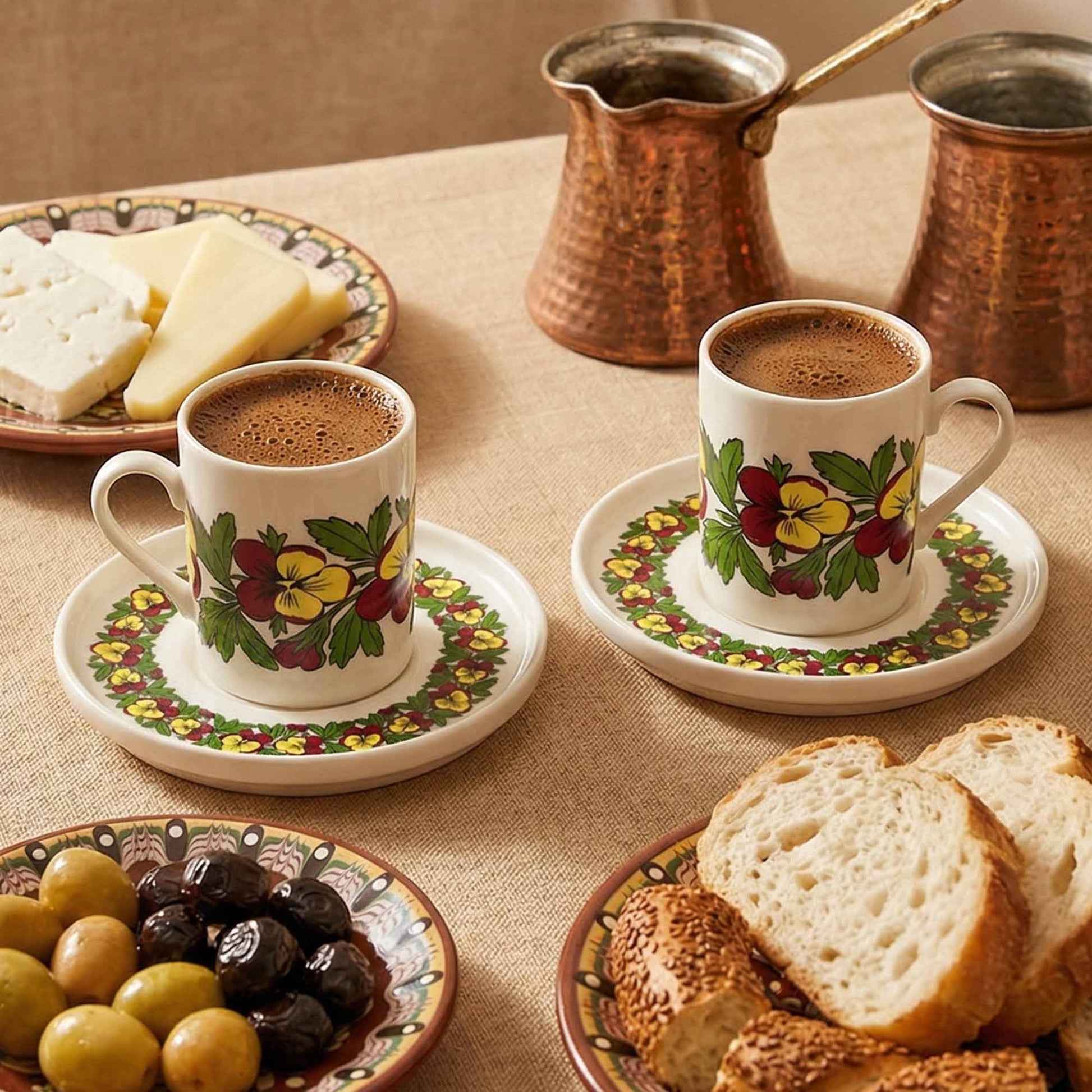 Two cups of coffee with floral designs on saucers, surrounded by bread, olives, and cheese on a table.