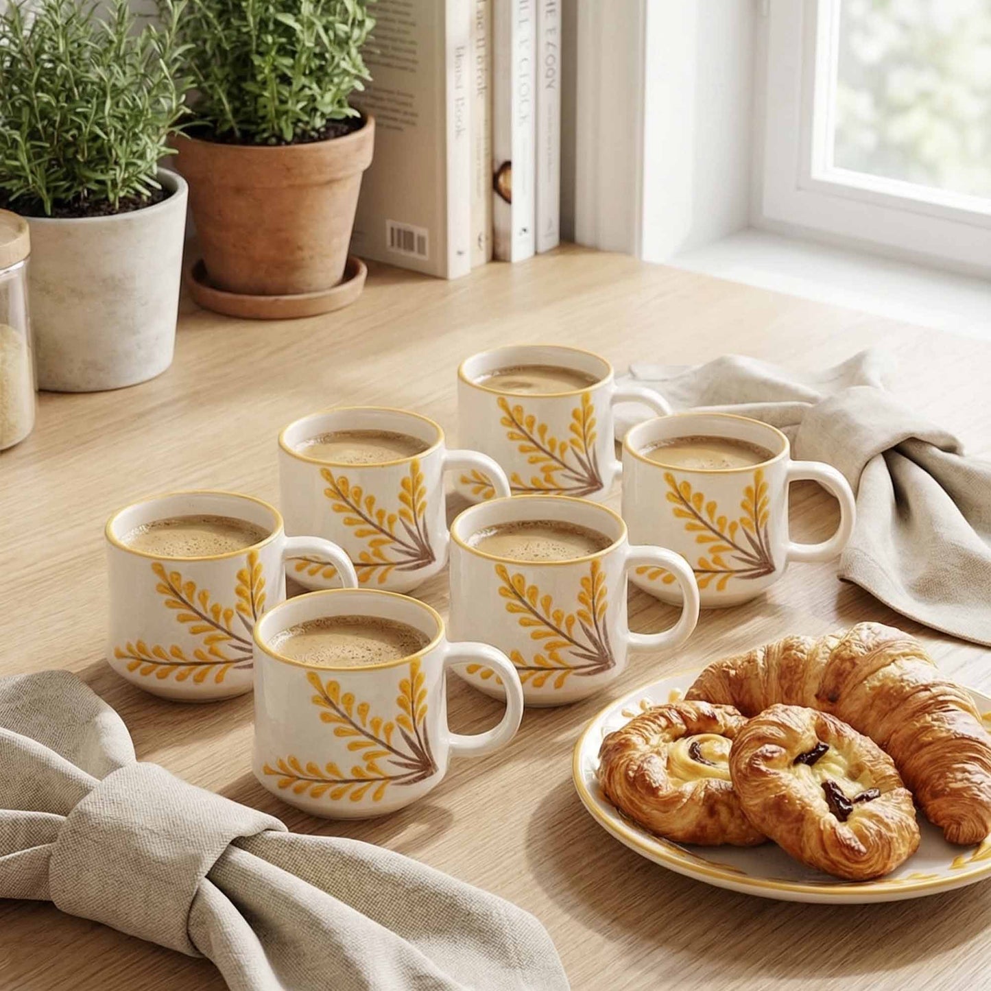 Set of coffee mugs with leaf pattern on a wooden table with pastries and plants.
