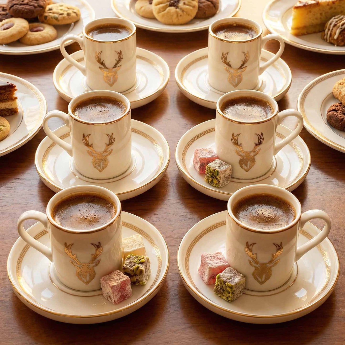 Coffees cups with saucers on a wooden table with pastries