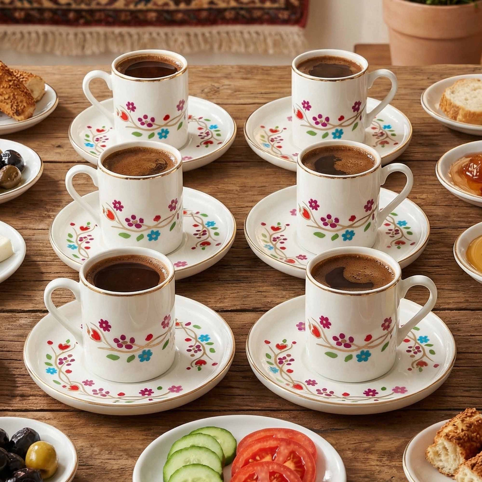Set of floral-patterned coffee cups and saucers on a wooden table with snacks.