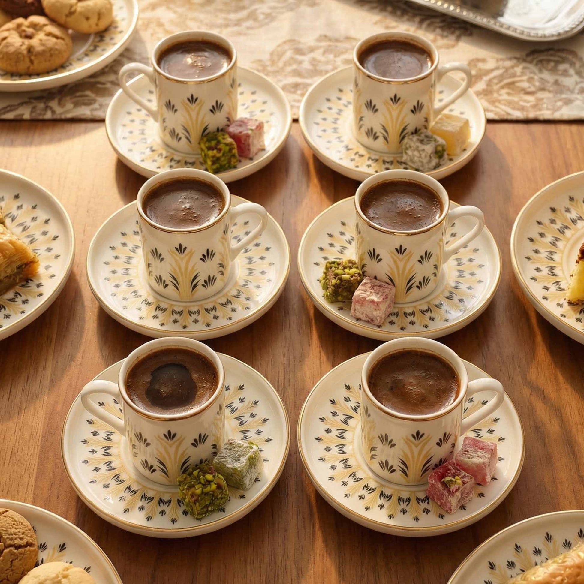 Coffees served in decorative cups with saucers on a wooden table.