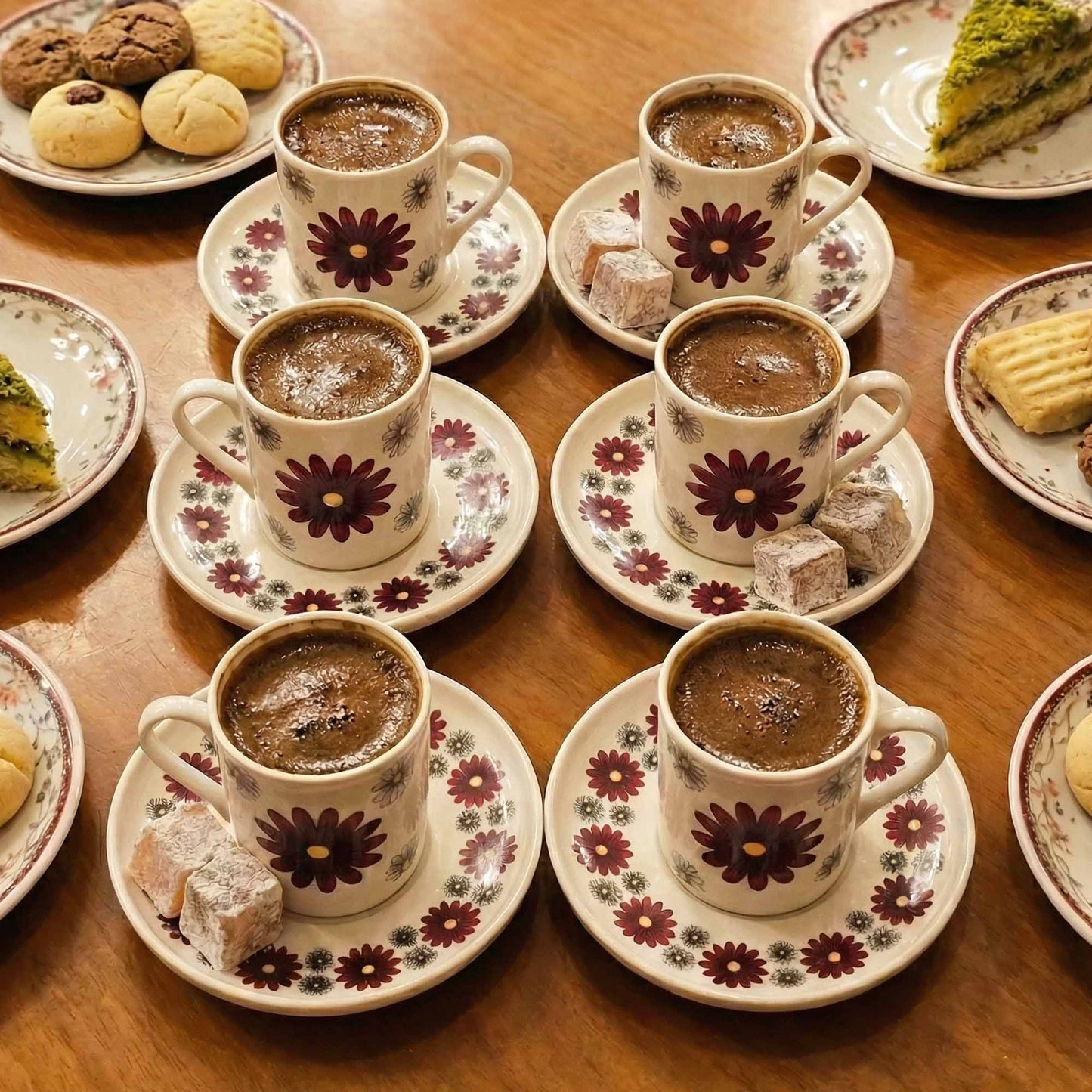 Cups of coffee with floral patterns on a wooden table with pastries.