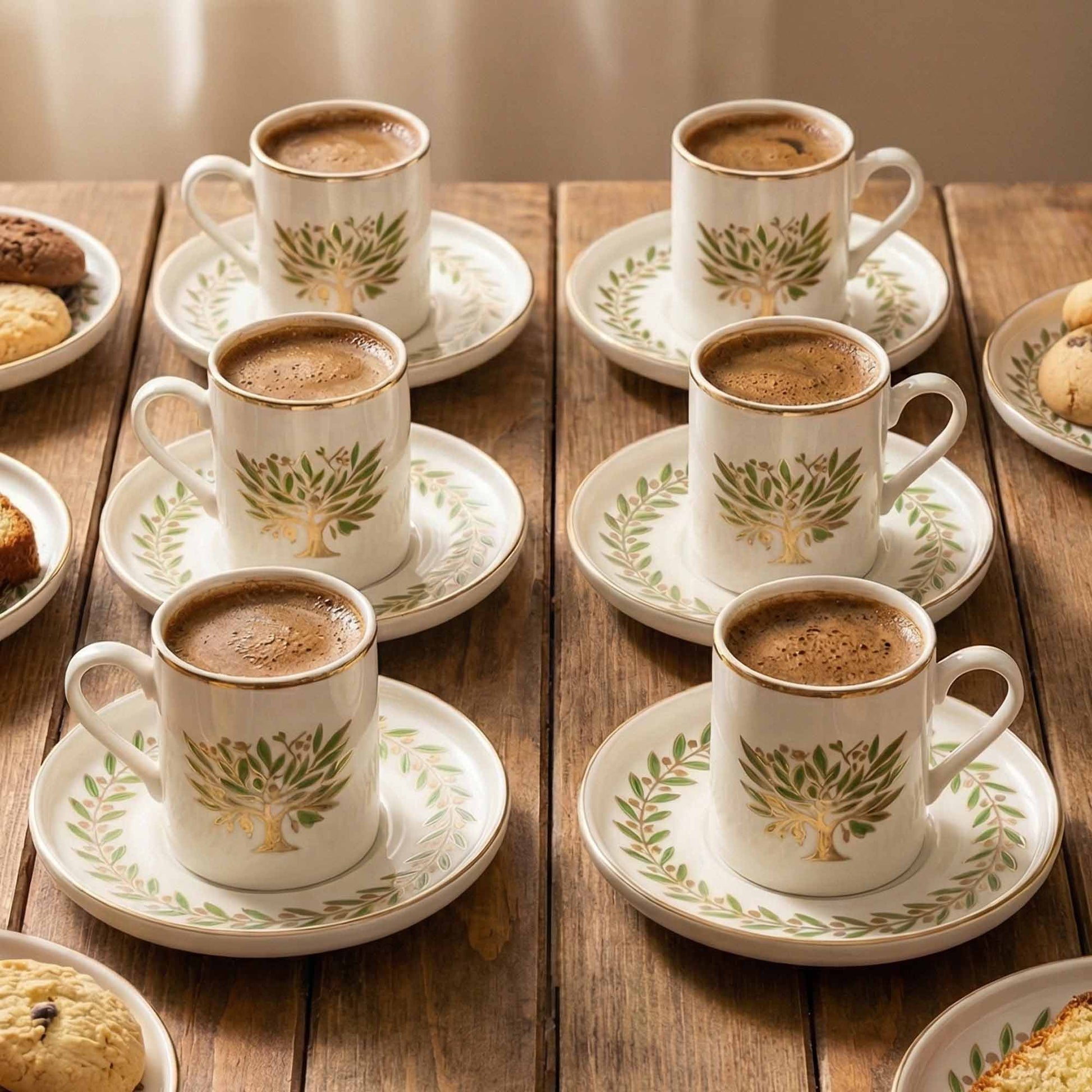 Set of coffee cups with saucers on a wooden table with pastries.