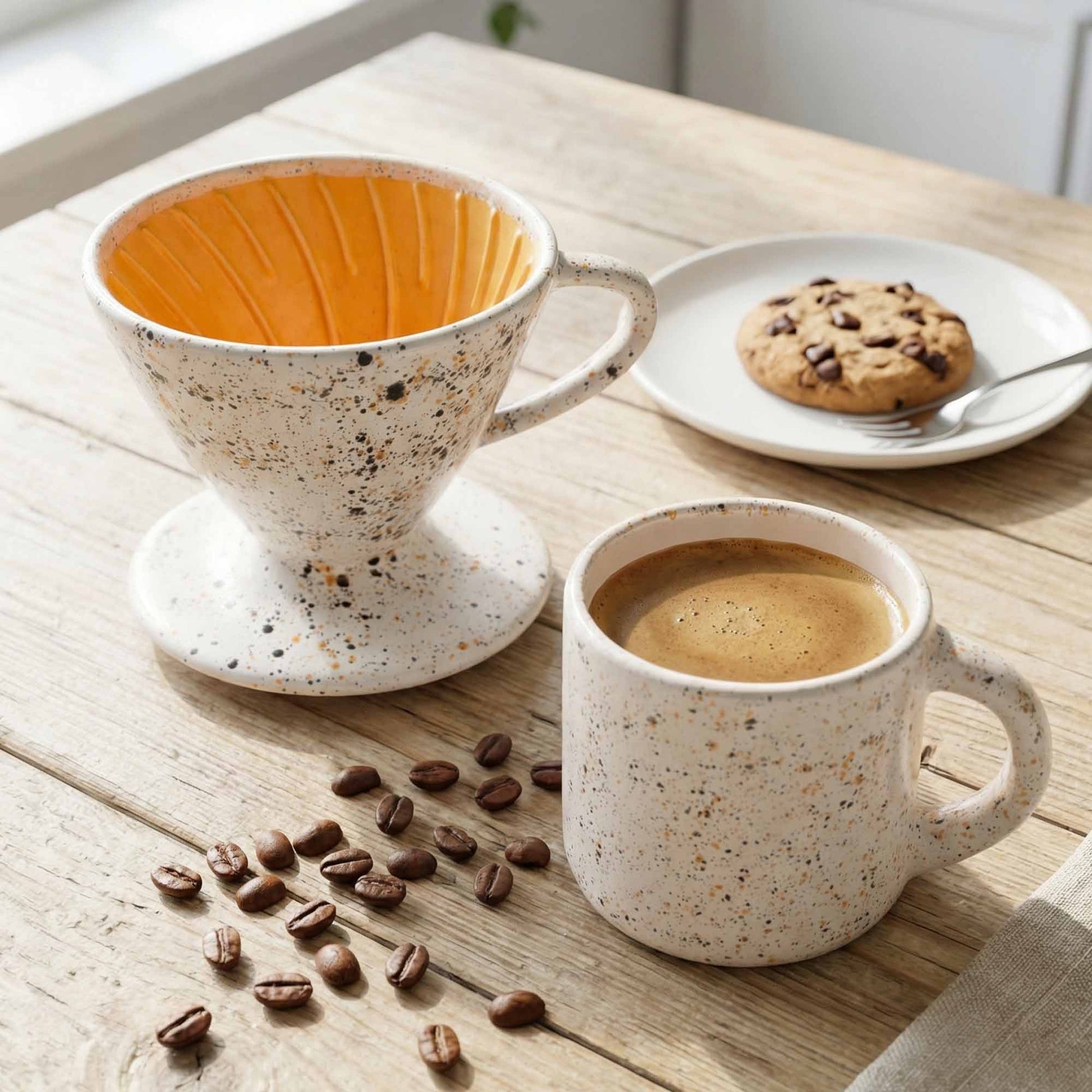 Speckled ceramic coffee dripper and mug with coffee and cookies on a wooden table