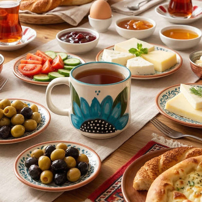 Tea set with a mug, plates of food including bread, olives, and cheese on a wooden table.