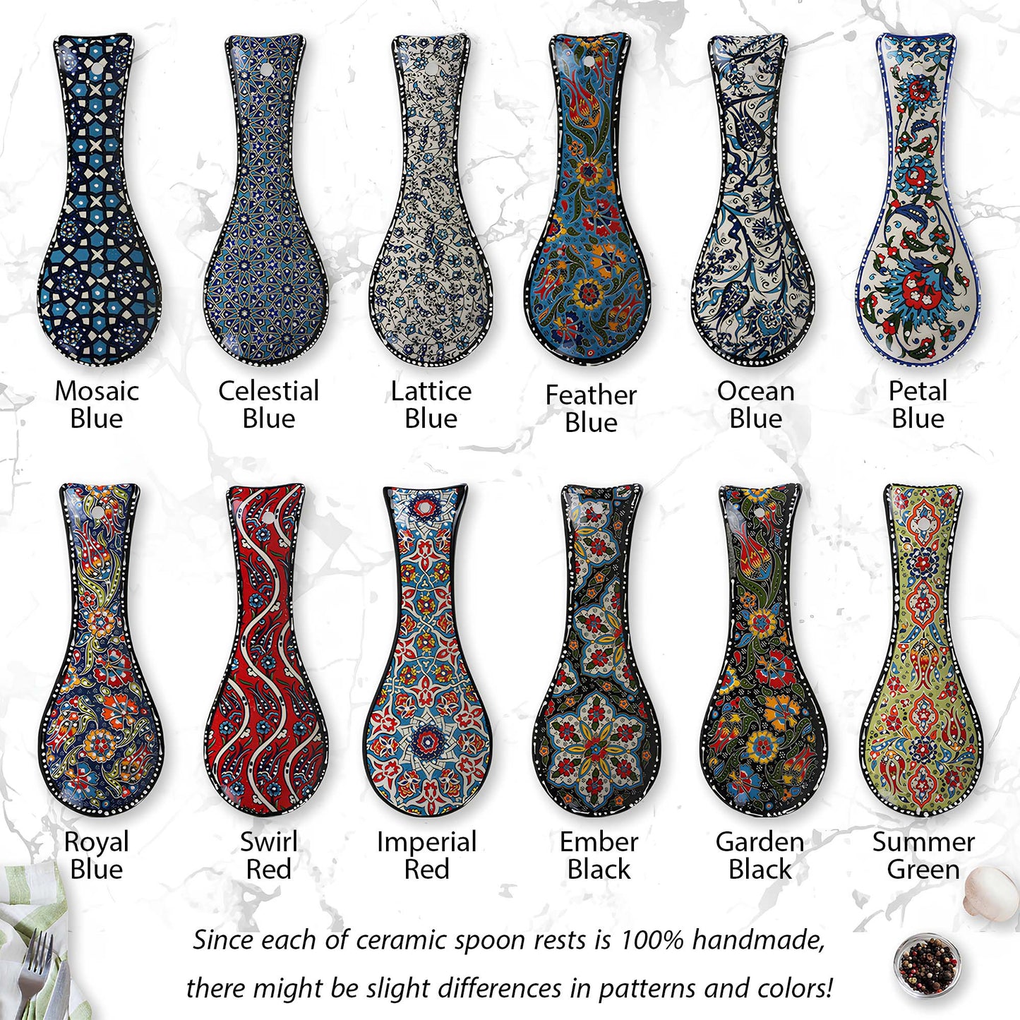 Collection of ceramic spoon rests with various patterns and colors on a white background.