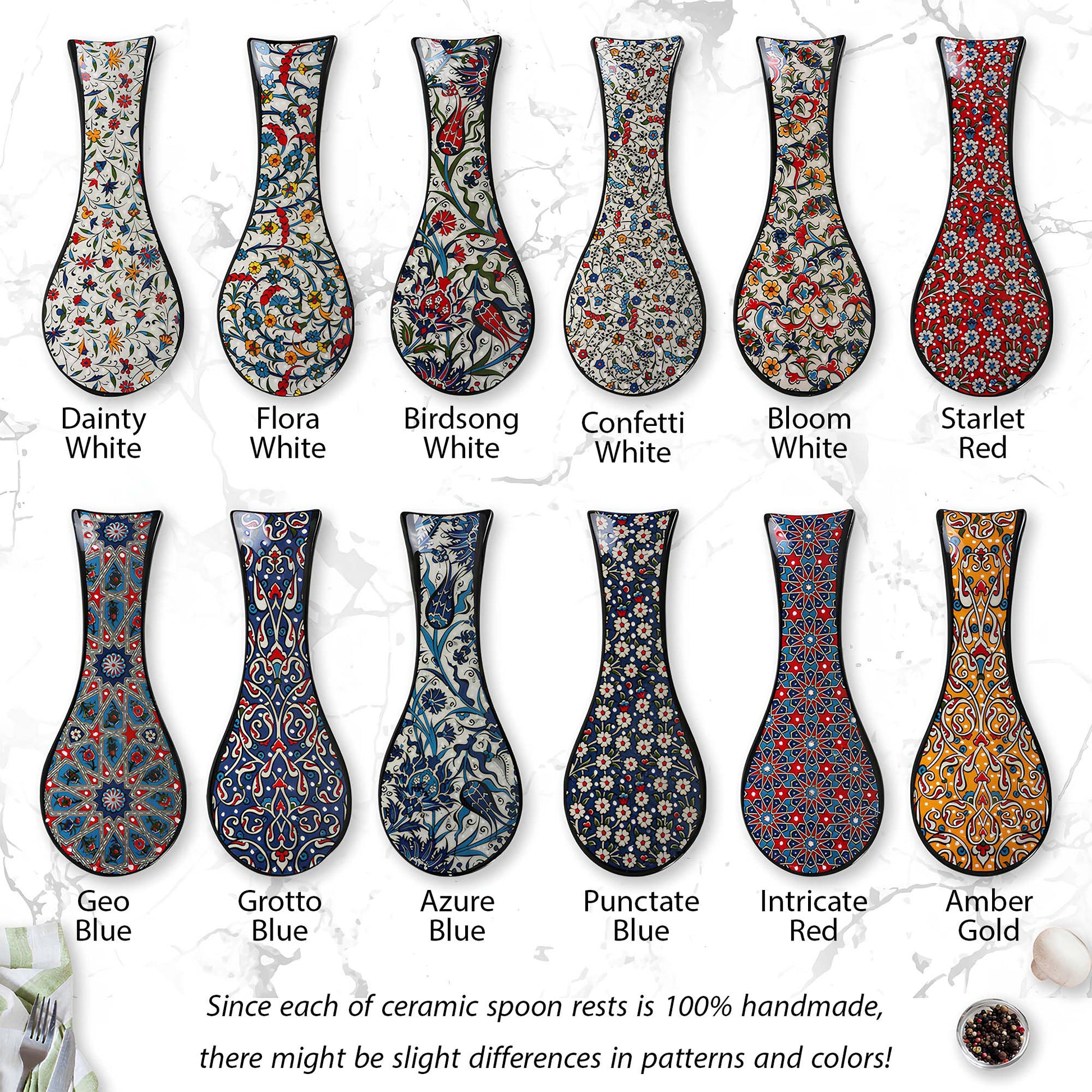 Collection of ceramic spoon rests with various patterns and colors on a white background.