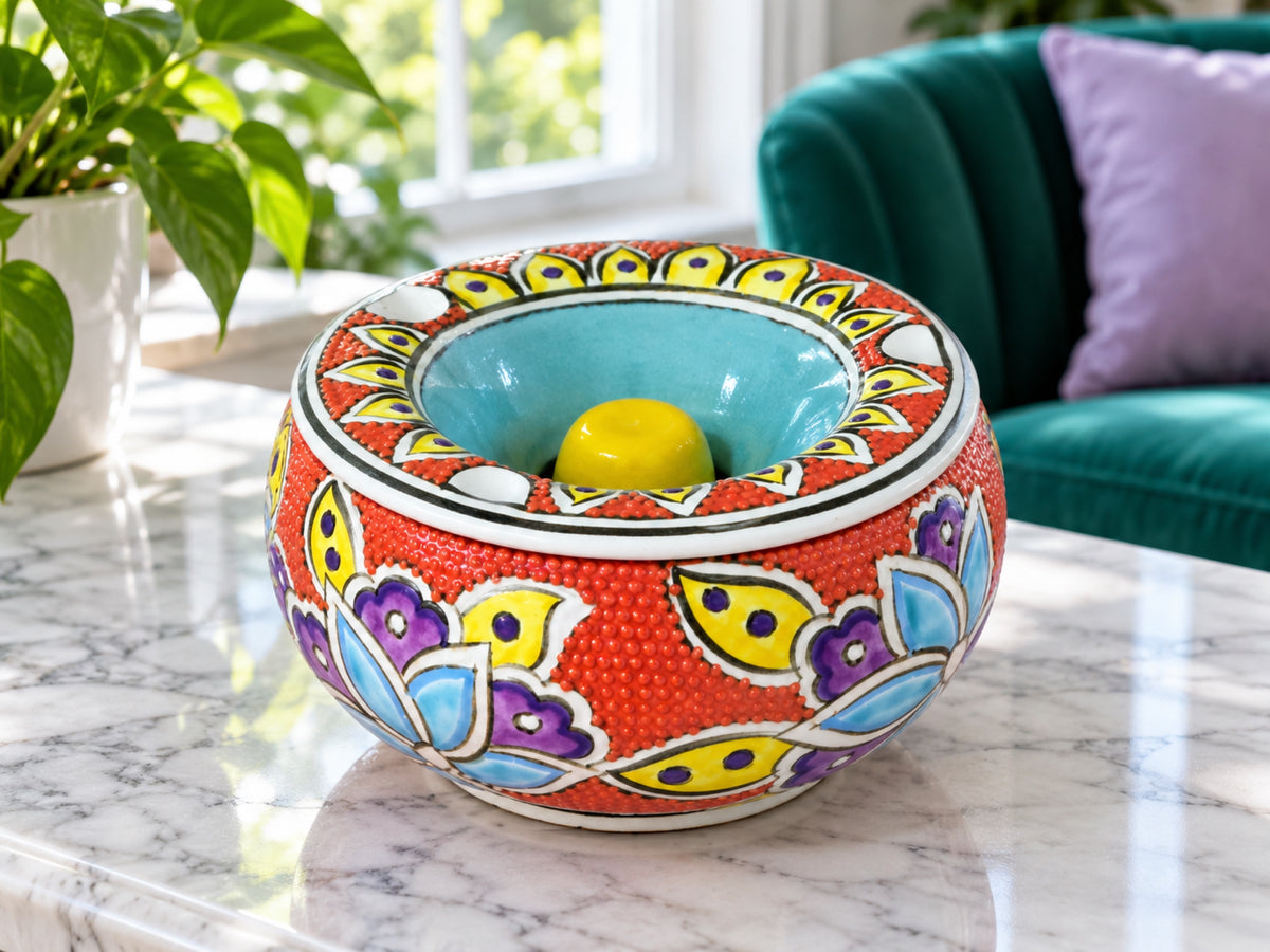 Handmade Ceramic Ashtray with Lid, 5 Inch Hand Painted Floral Outdoor Ashtray