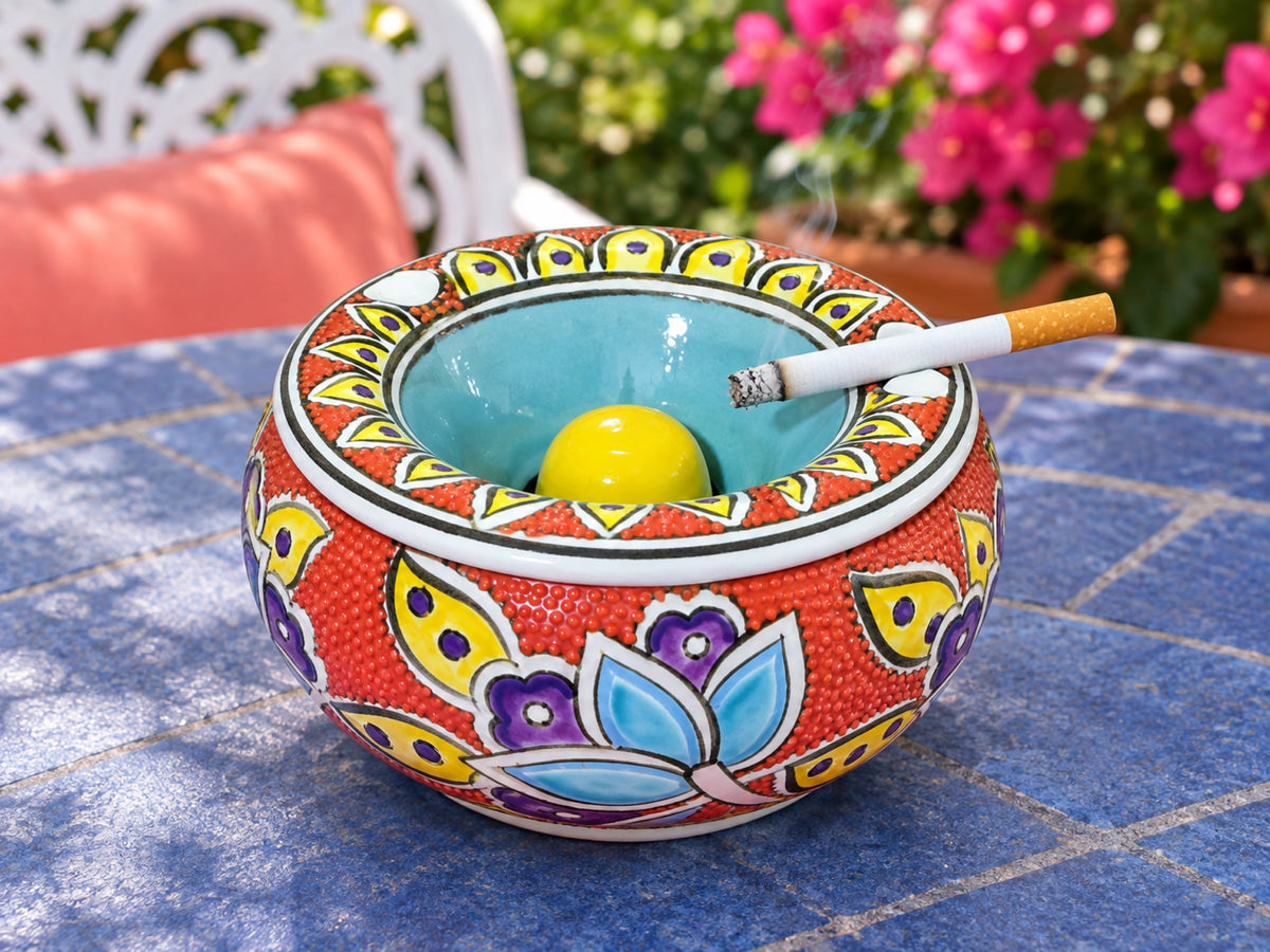 Handmade Ceramic Ashtray with Lid, 5 Inch Hand Painted Floral Outdoor Ashtray