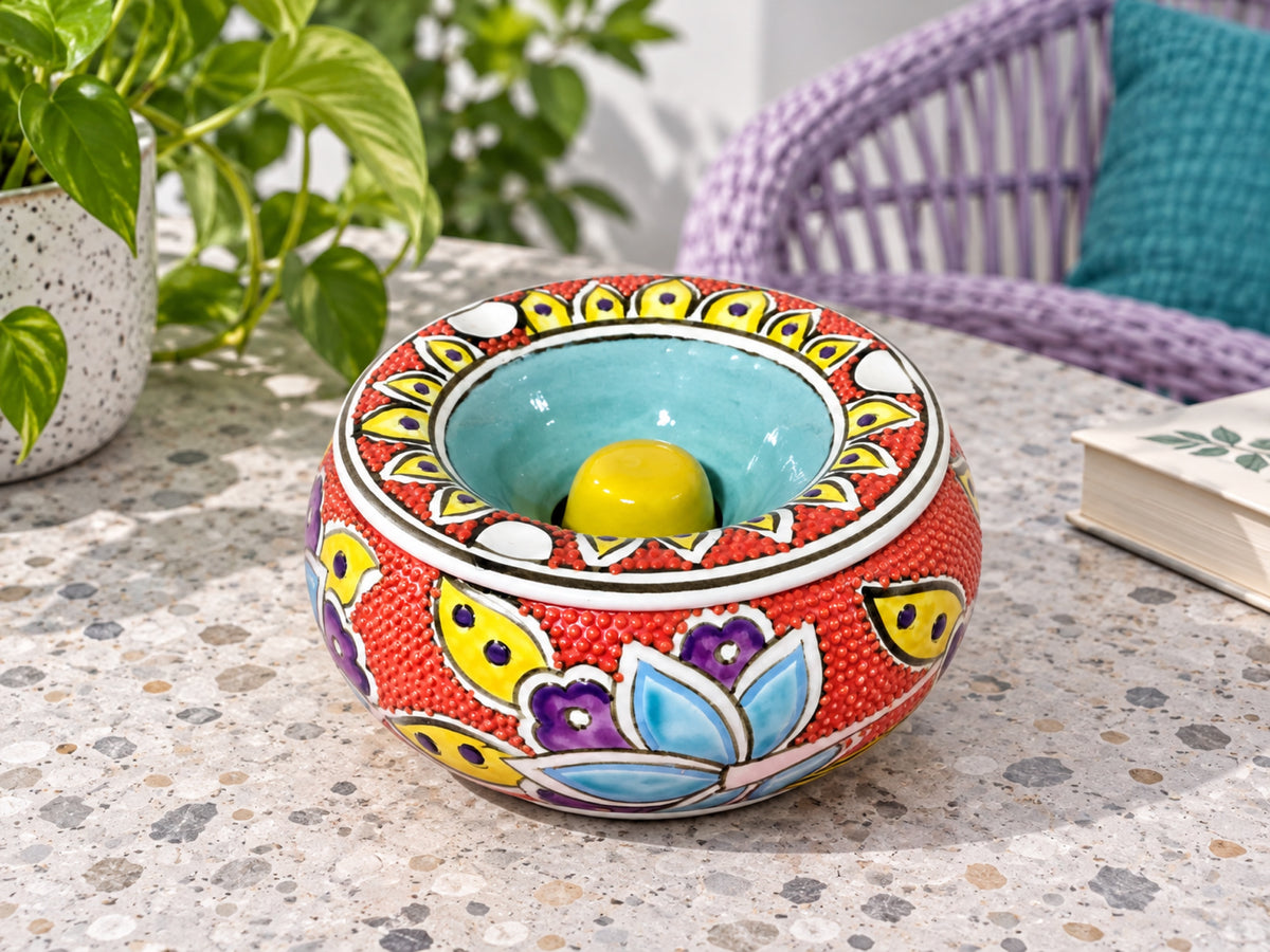 Handmade Ceramic Ashtray with Lid, 5 Inch Hand Painted Floral Outdoor Ashtray