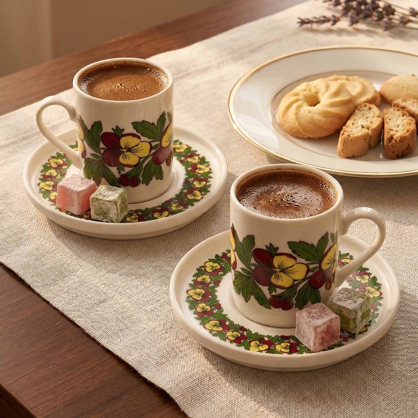 Two cups of coffee with floral designs on saucers, accompanied by cookies and pastries on a table.