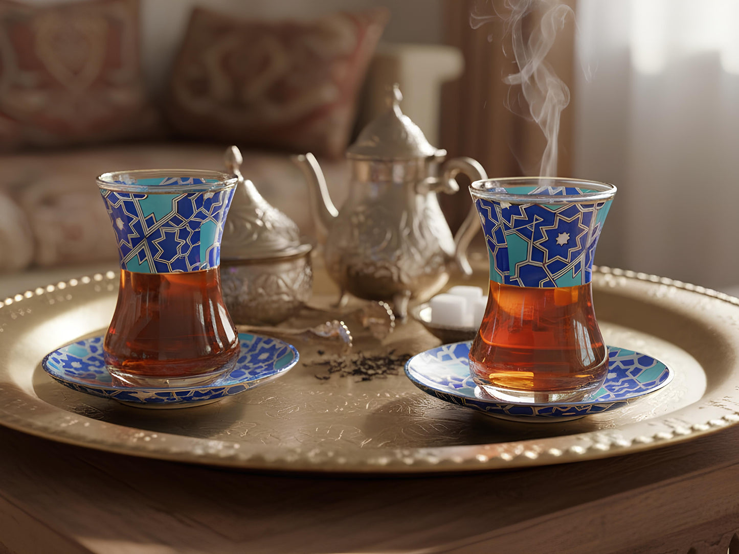 Two glasses of tea with blue patterns on a decorative tray in a cozy setting.