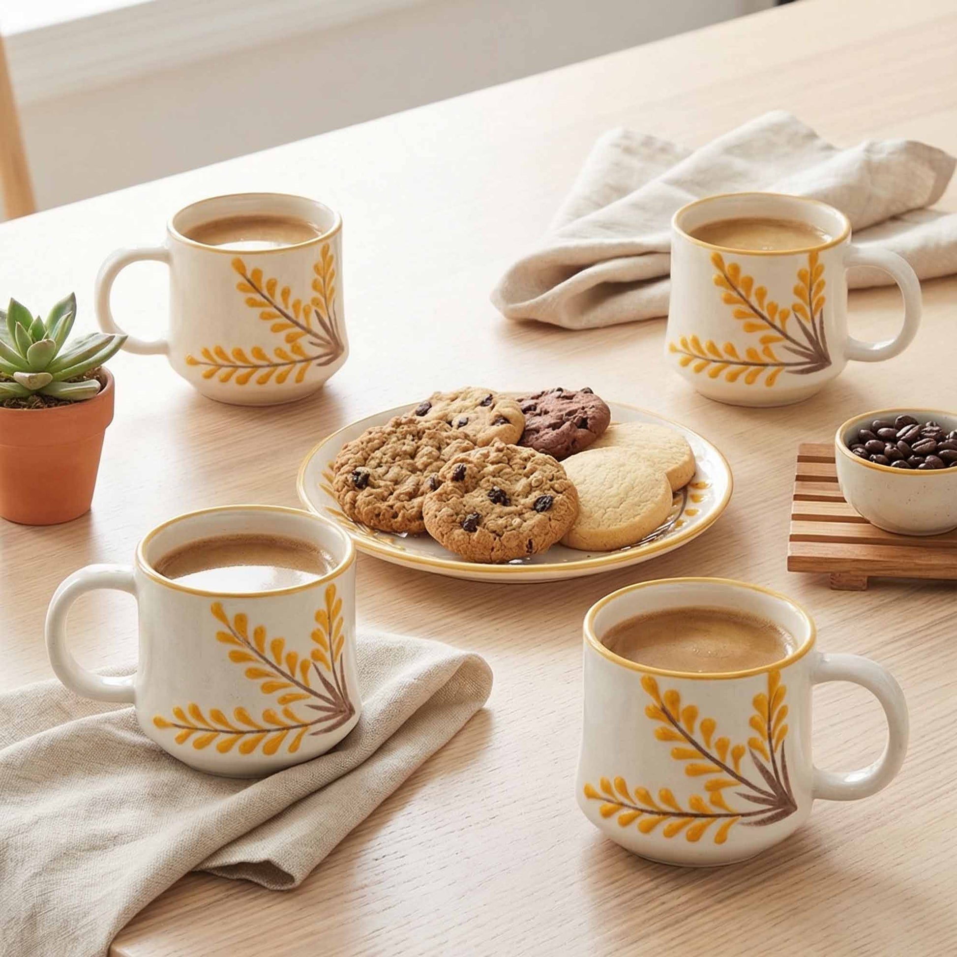 Four mugs with leaf pattern on a table with cookies and coffee beans.