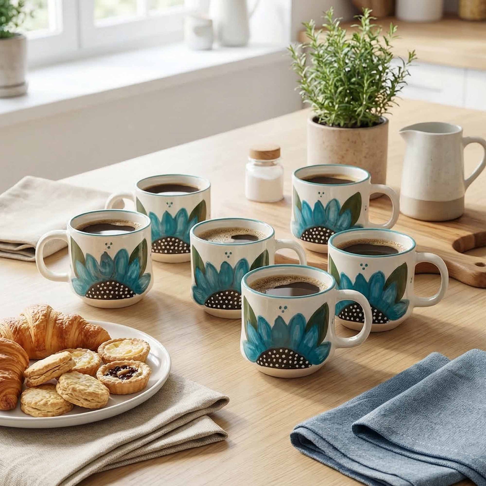 Set of coffee mugs with floral design on a wooden table with pastries and plants.