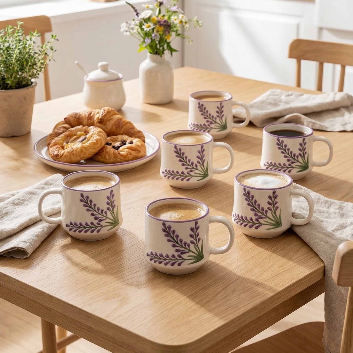 Set of mugs with floral design on a wooden table with pastries and flowers.