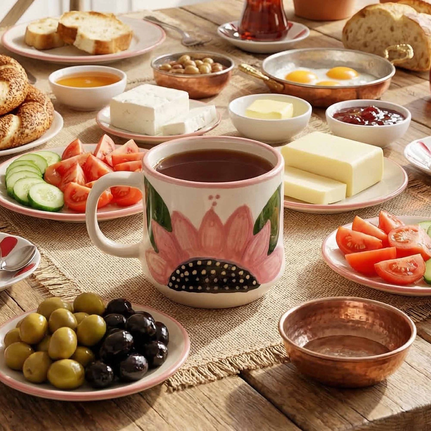 Table setting with a floral mug, bread, fruits, and spreads on a wooden table.