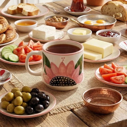 Table setting with a floral mug, bread, fruits, and spreads on a wooden table.