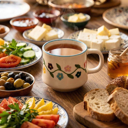 Tea cup with floral design on a table with bread, cheese, and vegetables.