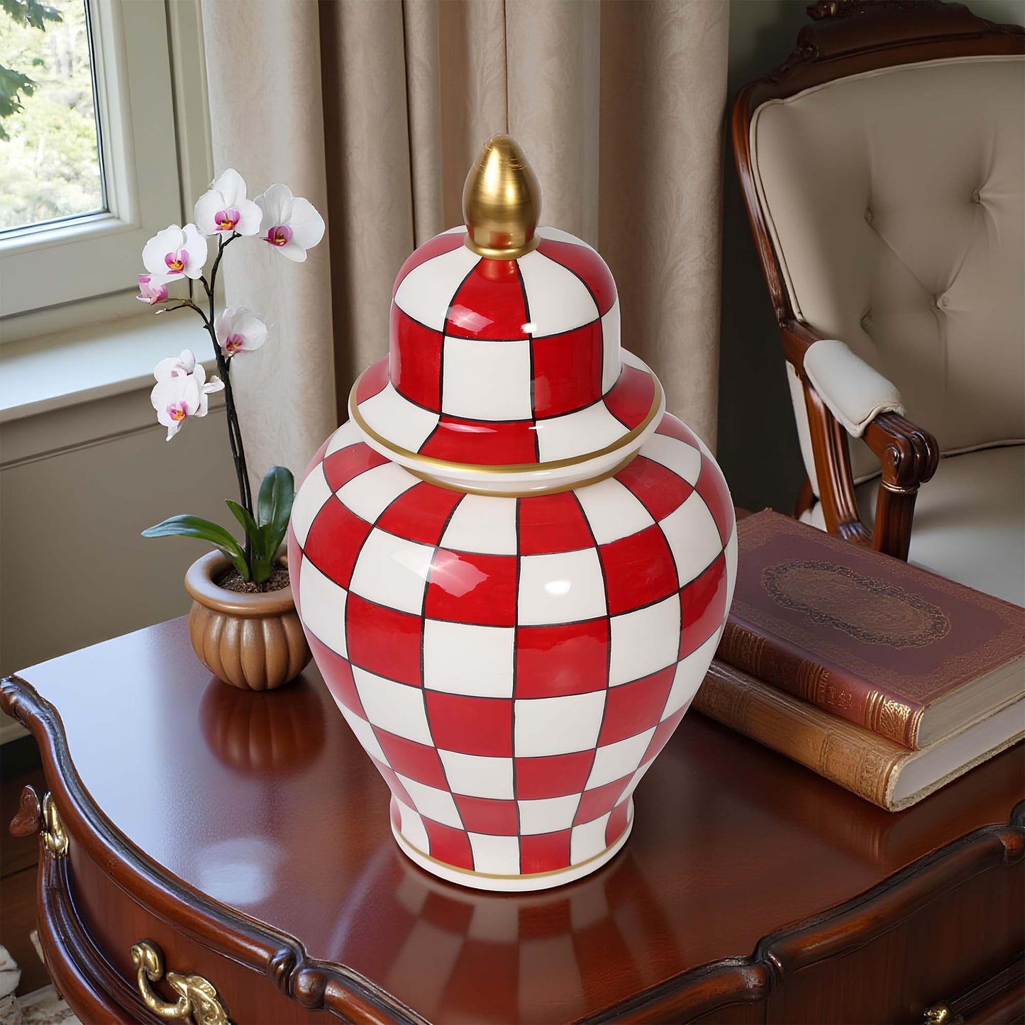 Handmade Ceramic Jar, Crimson Check Ceramic Jar with Lid
