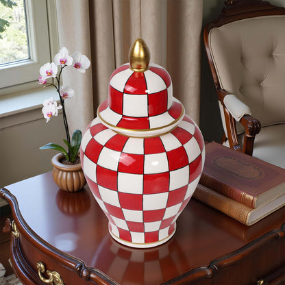 Handmade Ceramic Jar, Crimson Check Ceramic Jar with Lid