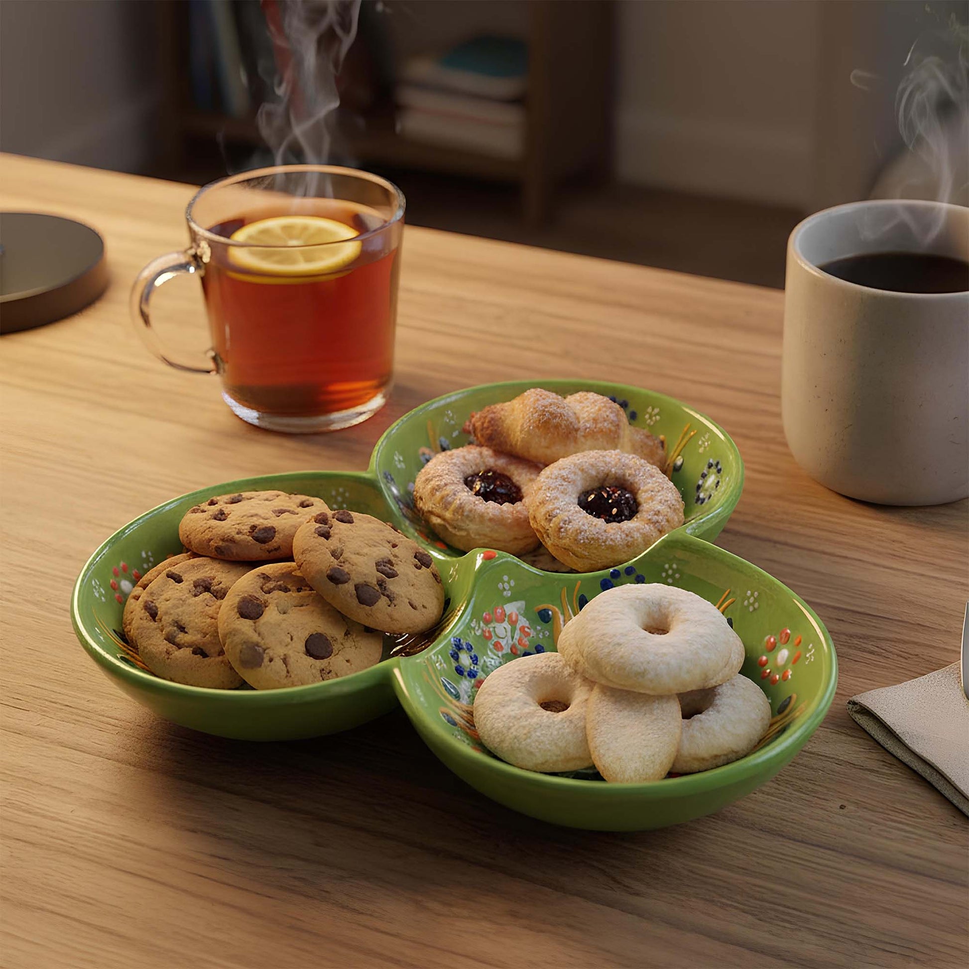 Green divided plate with cookies, pastries, and donuts on a wooden table with cups of tea and coffee.